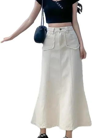 Women's High Waisted Slim Fit Long Denim Skirts Summer Casual Pockets Fashion Mermaid Skirt