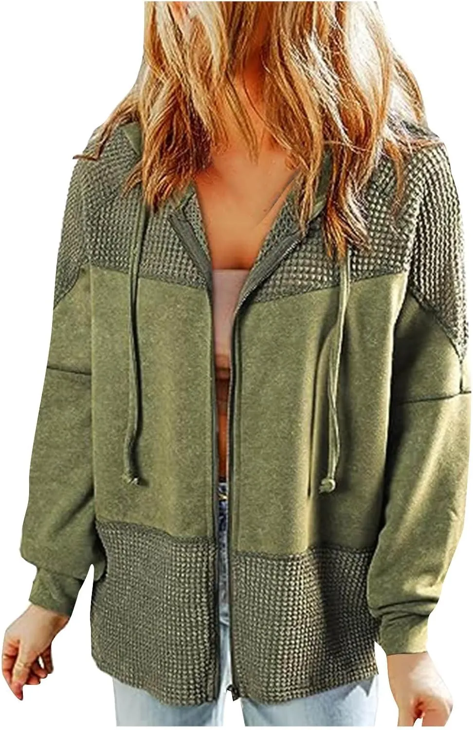 Womens Hoodies Long Sleeve Oversized Sweatshirt Zip Up Waffle Jacket Drawstring Colorblock Patchwork Hoodie Loose Coat