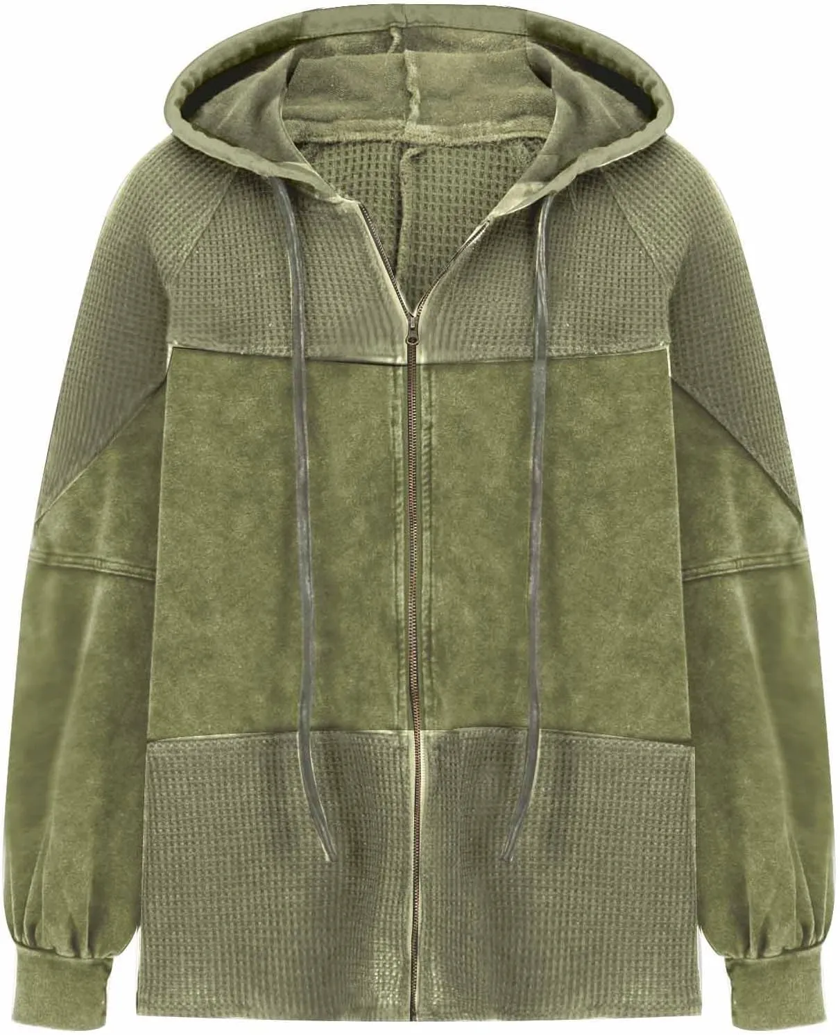 Womens Hoodies Long Sleeve Oversized Sweatshirt Zip Up Waffle Jacket Drawstring Colorblock Patchwork Hoodie Loose Coat