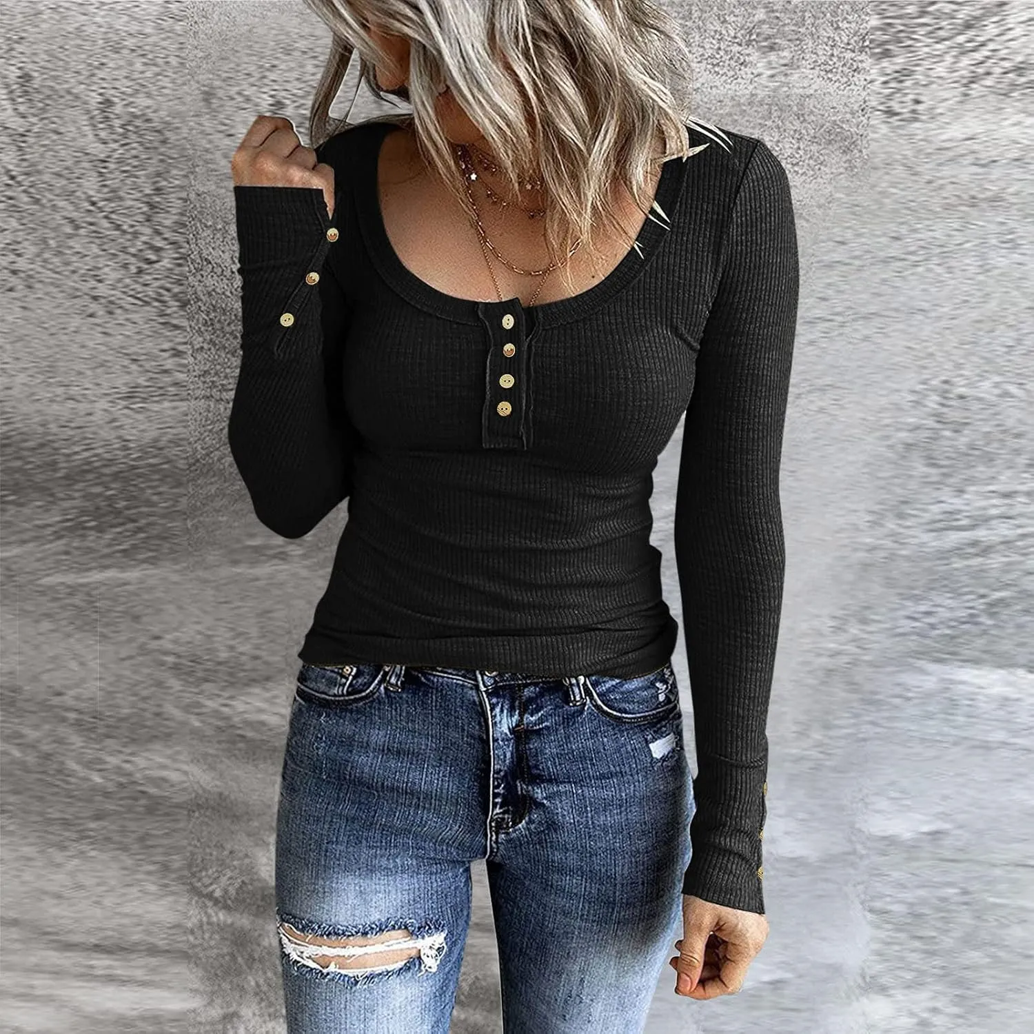 Womens Knit Sweater Fashion Solid Color Scoop Neck Button Up Slim Fit Long Sleeve Ribbed Tops Autumn Knitwear Shirts