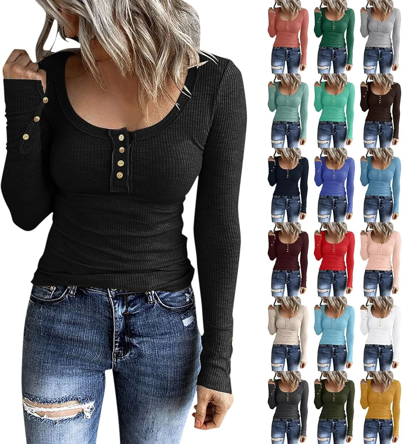 Womens Knit Sweater Fashion Solid Color Scoop Neck Button Up Slim Fit Long Sleeve Ribbed Tops Autumn Knitwear Shirts