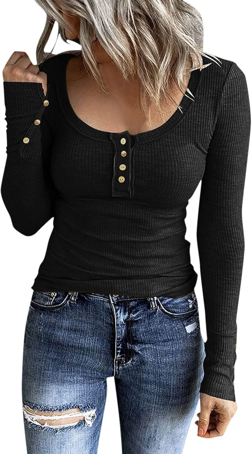 Womens Knit Sweater Fashion Solid Color Scoop Neck Button Up Slim Fit Long Sleeve Ribbed Tops Autumn Knitwear Shirts