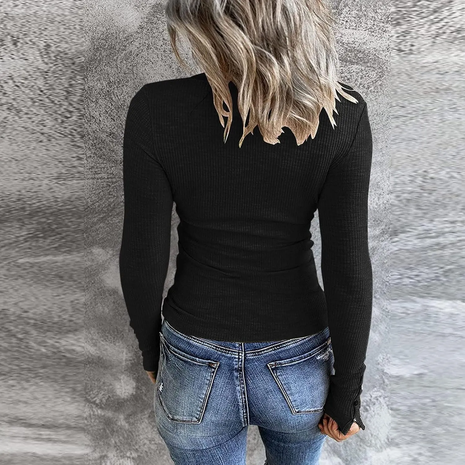 Womens Knit Sweater Fashion Solid Color Scoop Neck Button Up Slim Fit Long Sleeve Ribbed Tops Autumn Knitwear Shirts