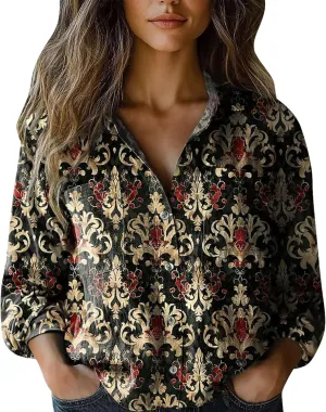 Womens Linen Button Down Shirts Long Sleeve Cotton Gauze Tops Floral Printed Casual Collared Loose Fit Blouses