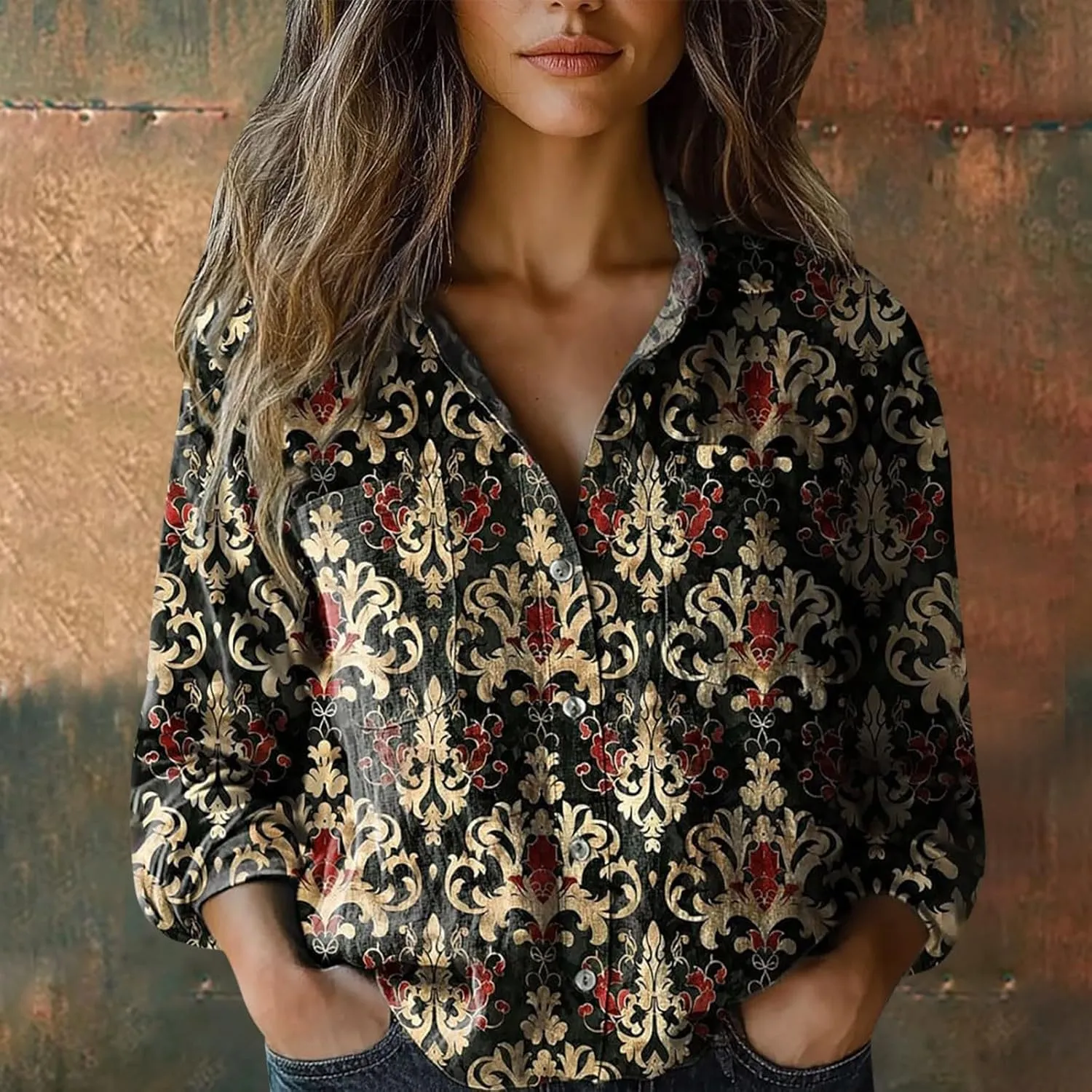 Womens Linen Button Down Shirts Long Sleeve Cotton Gauze Tops Floral Printed Casual Collared Loose Fit Blouses