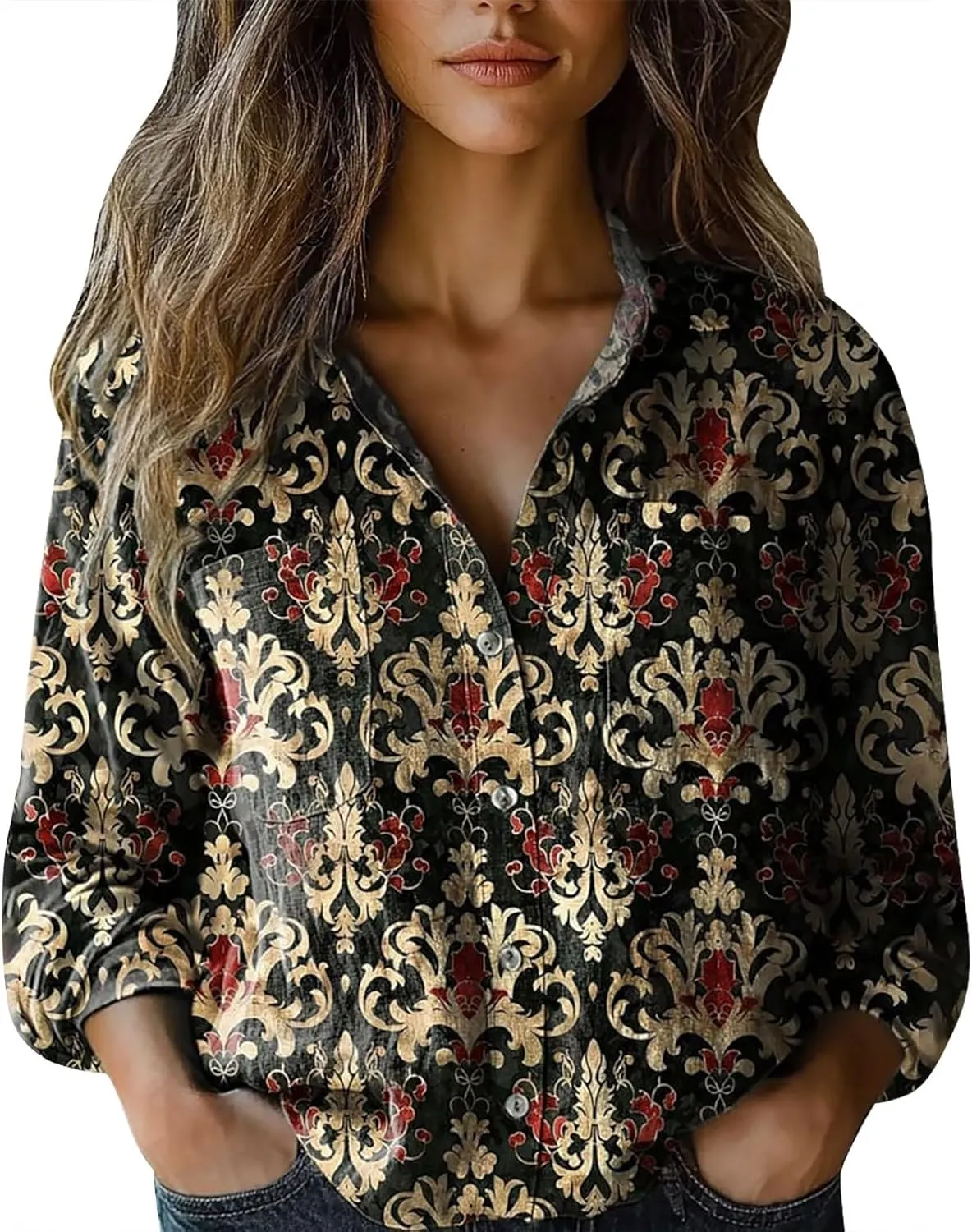 Womens Linen Button Down Shirts Long Sleeve Cotton Gauze Tops Floral Printed Casual Collared Loose Fit Blouses
