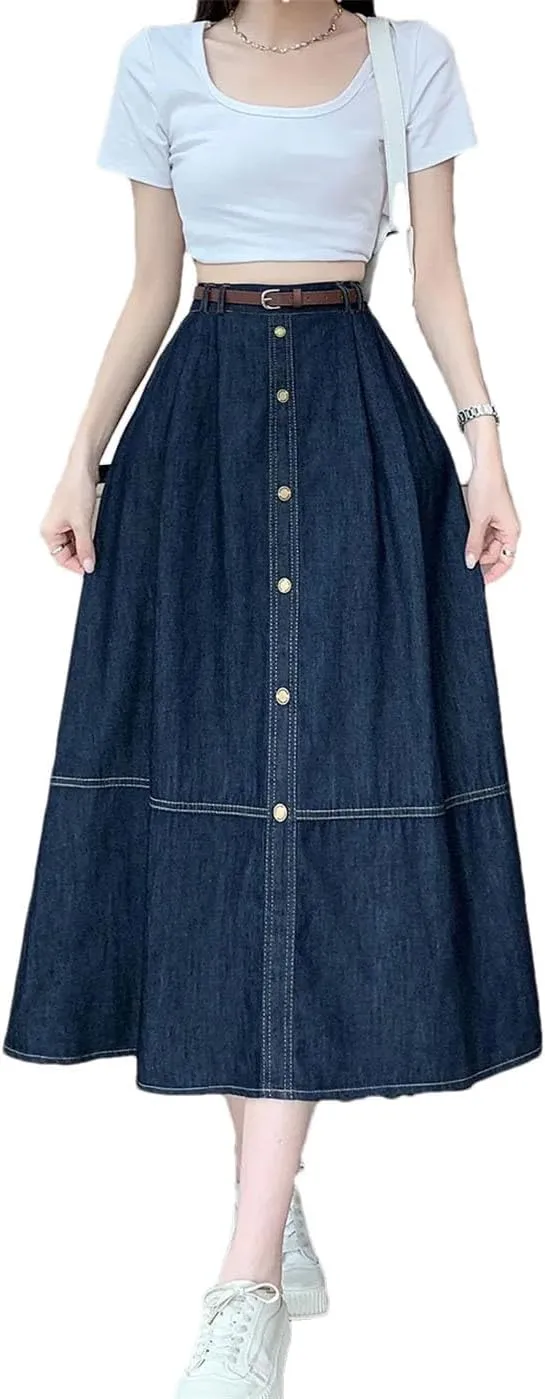 Women's Long High Elastic Waisted Jean Skirts Summer Casual Splicing A-Line Denim Skirt