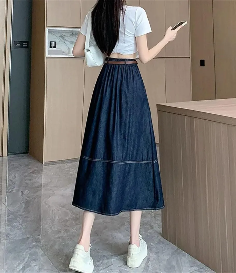 Women's Long High Elastic Waisted Jean Skirts Summer Casual Splicing A-Line Denim Skirt