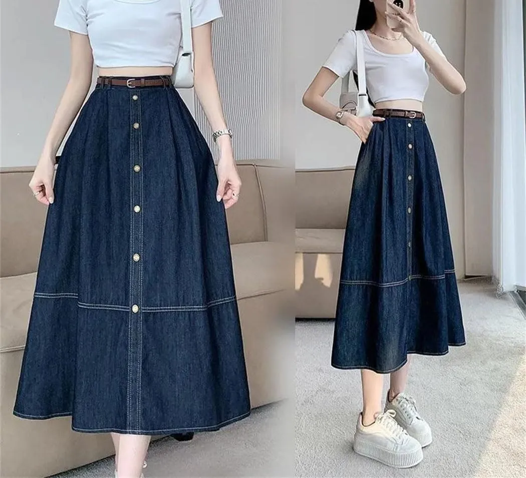 Women's Long High Elastic Waisted Jean Skirts Summer Casual Splicing A-Line Denim Skirt