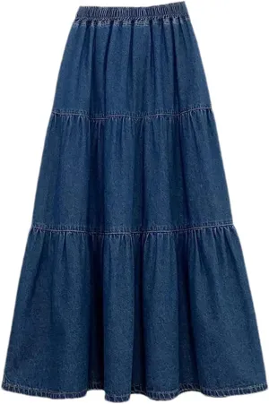 Women's Midi Denim Skirt Solid Elastic High Waist Pleated Layers A-Line Fluffy Umbrella Skirt