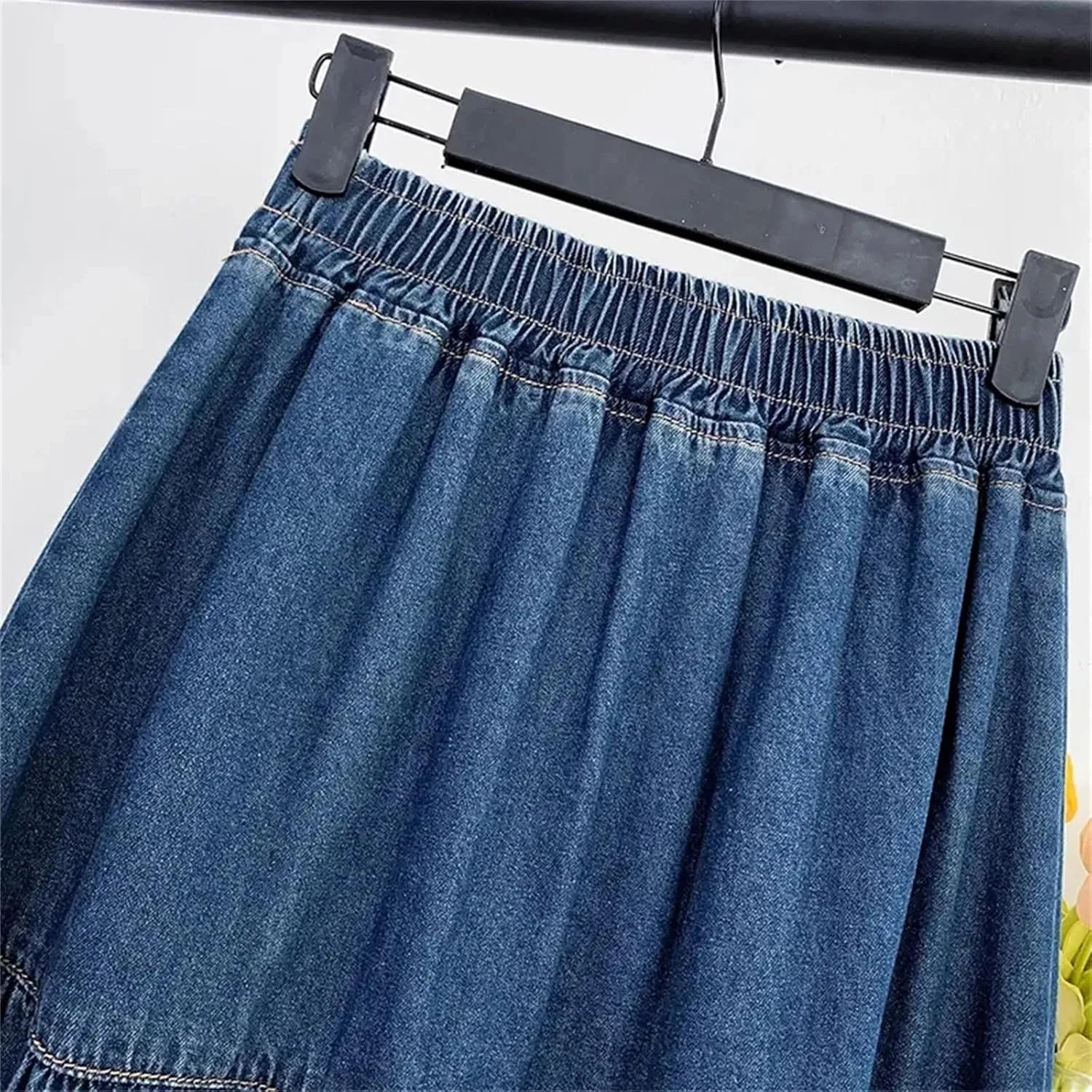 Women's Midi Denim Skirt Solid Elastic High Waist Pleated Layers A-Line Fluffy Umbrella Skirt