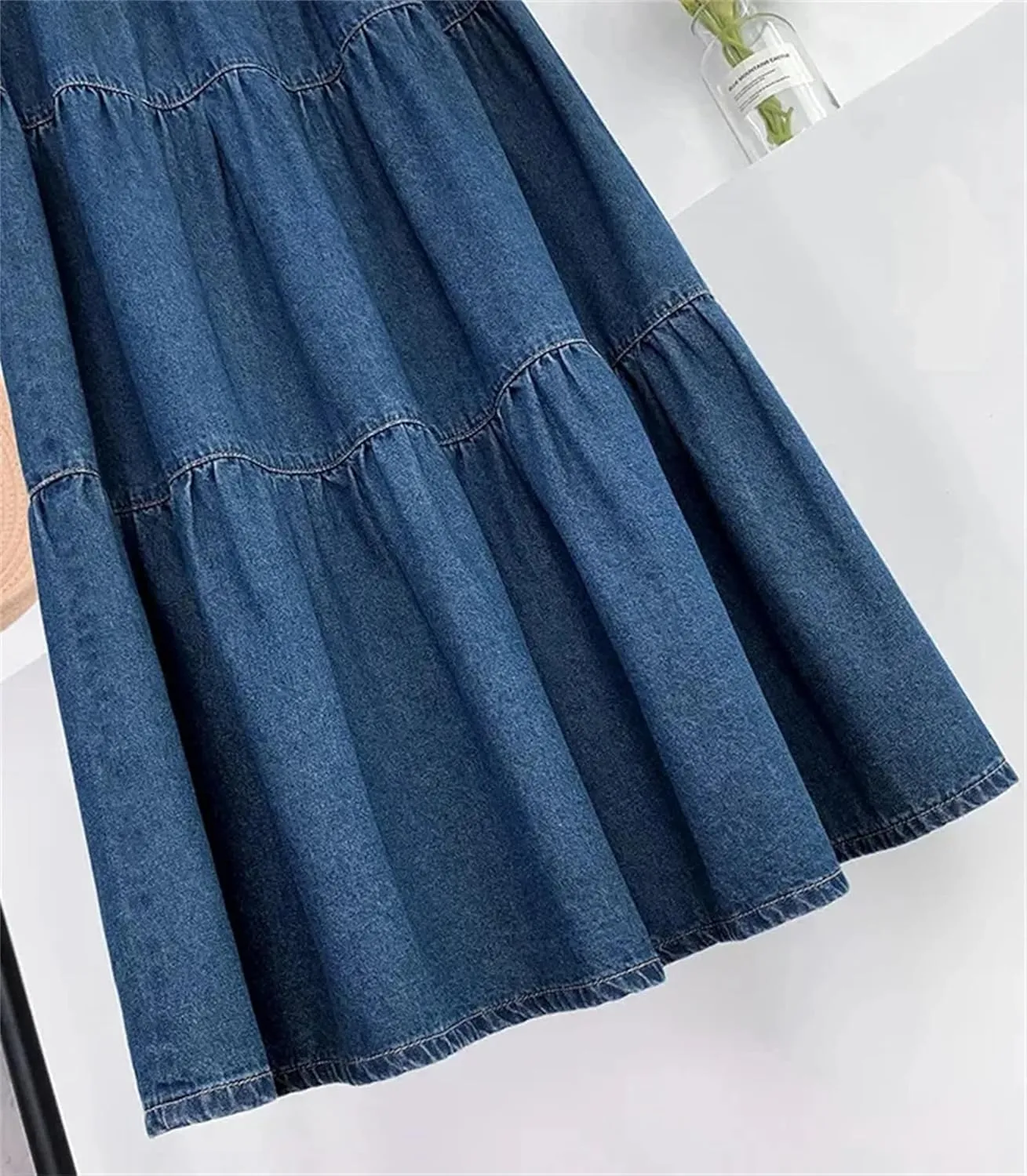 Women's Midi Denim Skirt Solid Elastic High Waist Pleated Layers A-Line Fluffy Umbrella Skirt