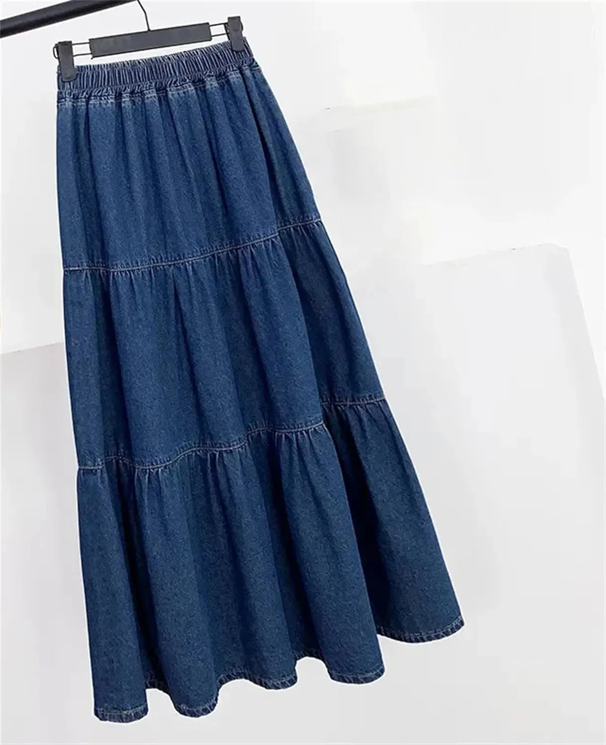 Women's Midi Denim Skirt Solid Elastic High Waist Pleated Layers A-Line Fluffy Umbrella Skirt