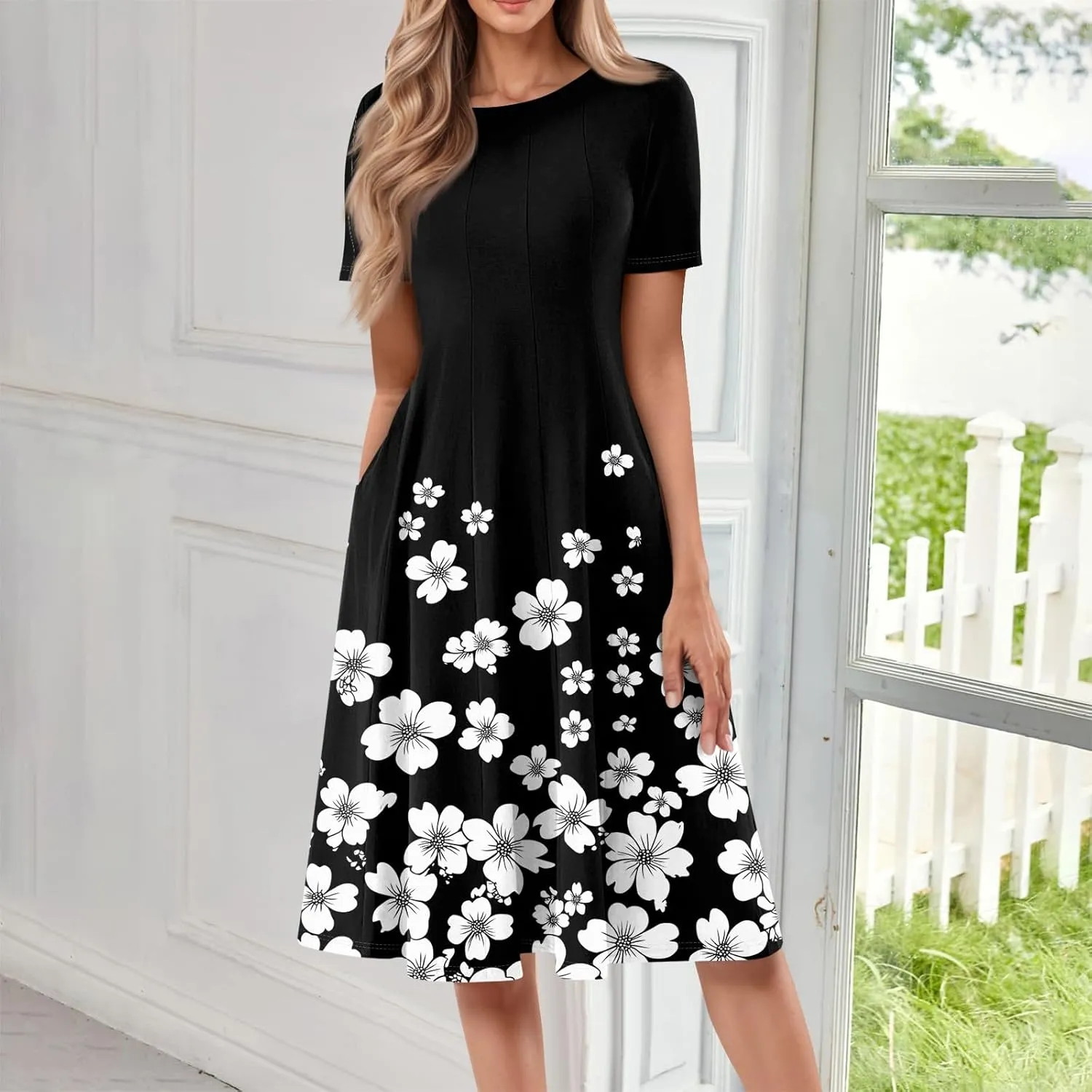 Women's Midi Dresses Summer Casual Loose Trendy Short Sleeve Crew Neck Floral Print Boho Dress 2025 Plus Size, S-3XL