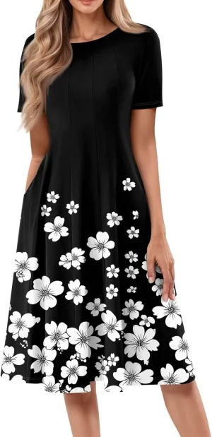 Women's Midi Dresses Summer Casual Loose Trendy Short Sleeve Crew Neck Floral Print Boho Dress 2025 Plus Size, S-3XL