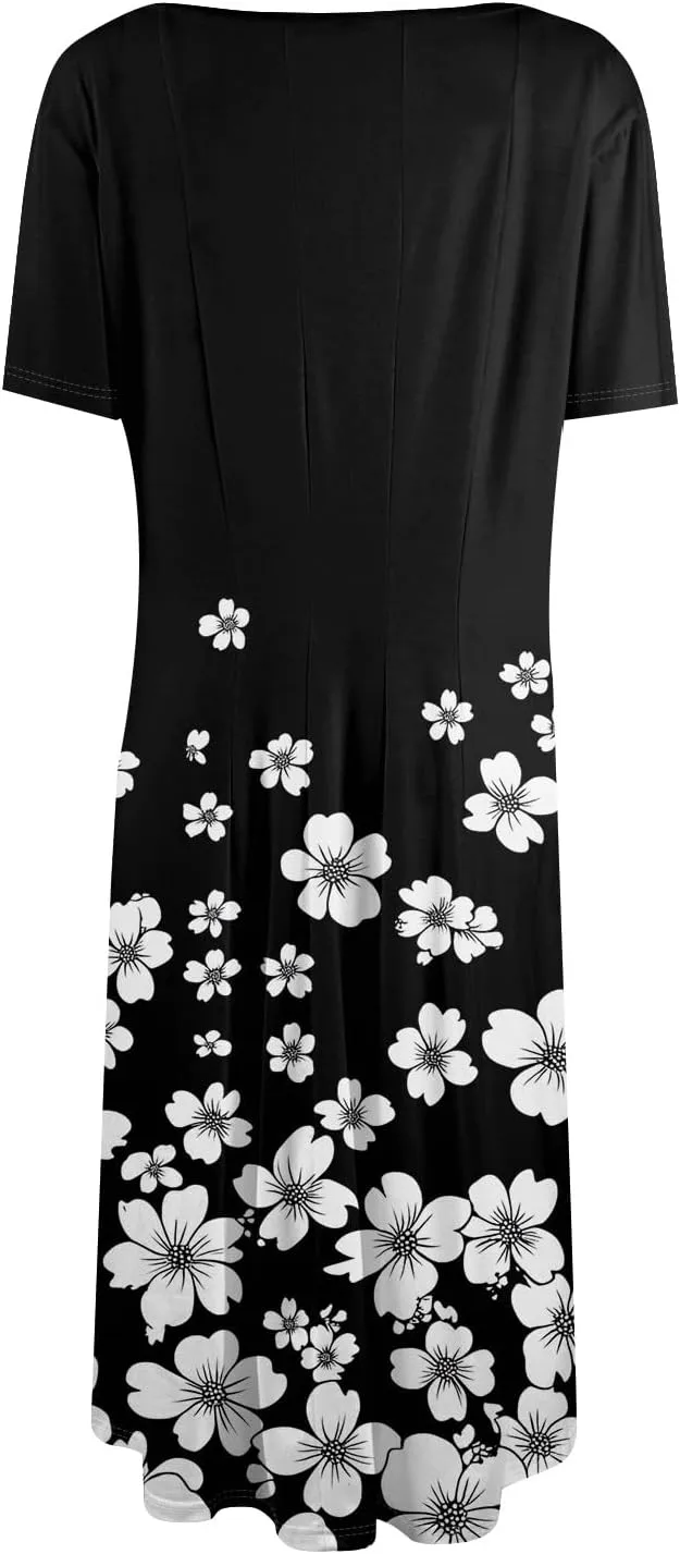 Women's Midi Dresses Summer Casual Loose Trendy Short Sleeve Crew Neck Floral Print Boho Dress 2025 Plus Size, S-3XL