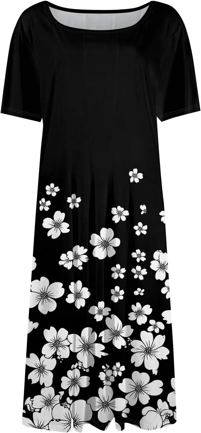 Women's Midi Dresses Summer Casual Loose Trendy Short Sleeve Crew Neck Floral Print Boho Dress 2025 Plus Size, S-3XL