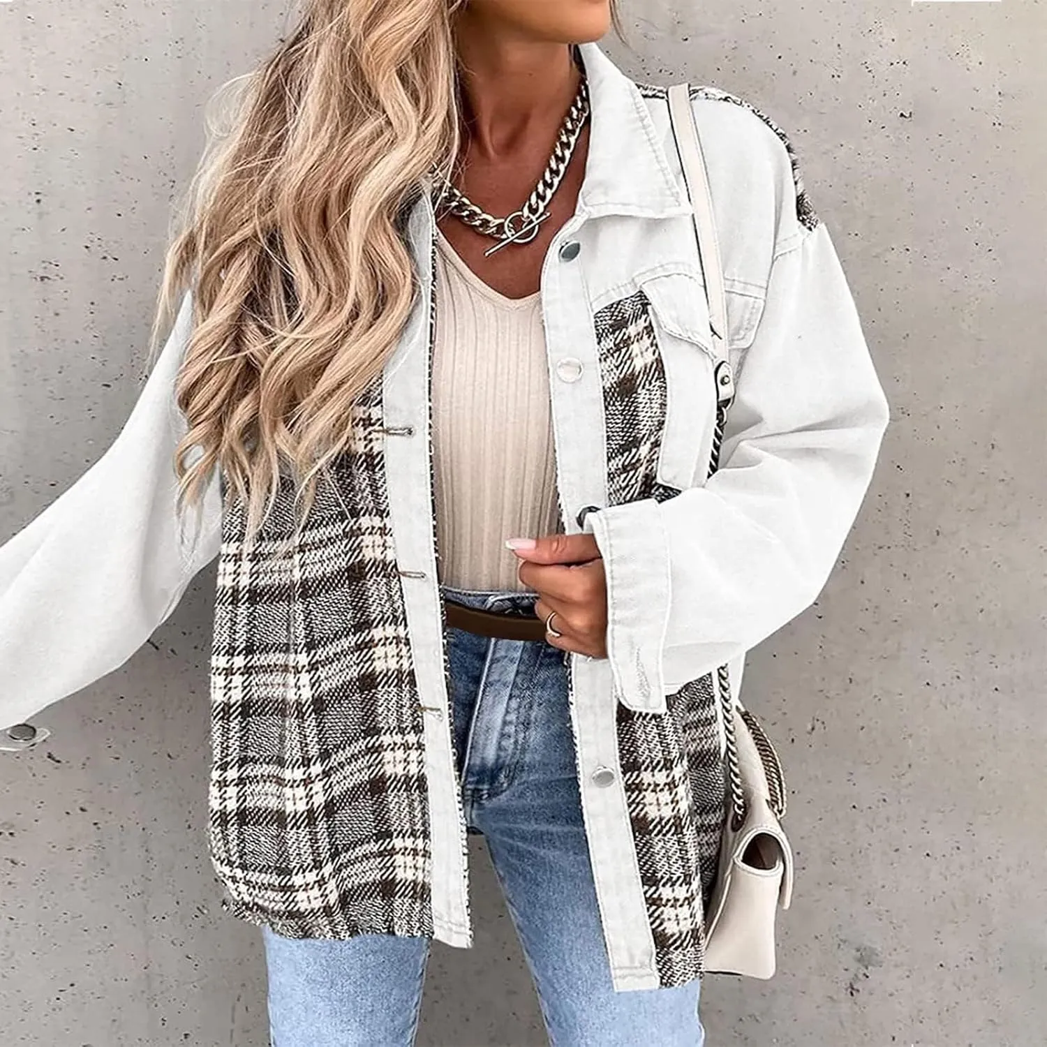 Women's Oversized Denim Jacket Fall Fashion Button Down Lapel Plaid Shacket Casual Long Sleeve Boyfriend Jean Jacket
