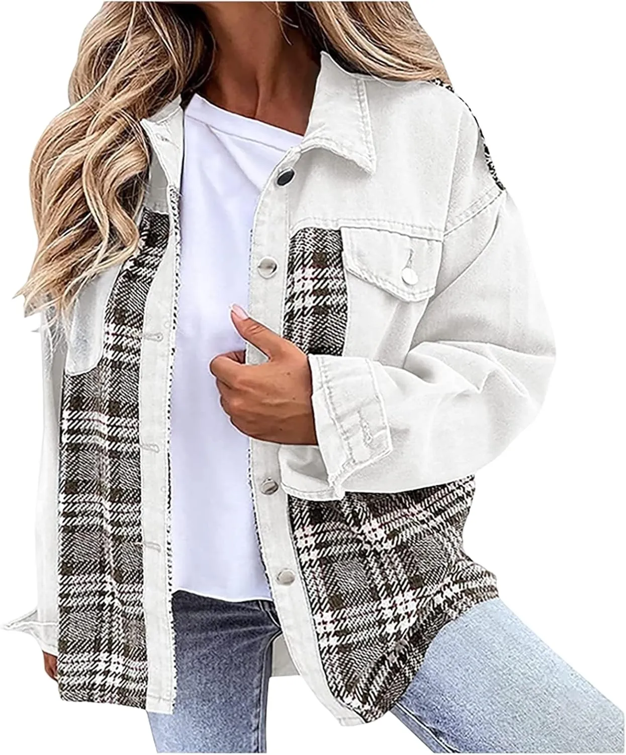Women's Oversized Denim Jacket Fall Fashion Button Down Lapel Plaid Shacket Casual Long Sleeve Boyfriend Jean Jacket