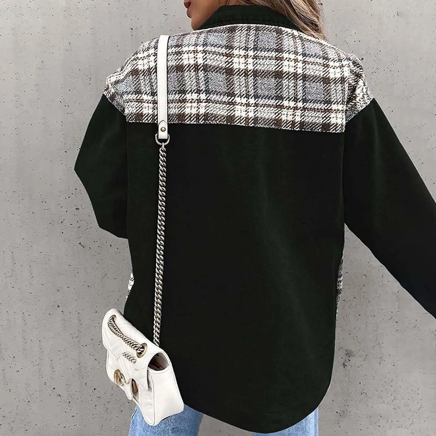 Women's Oversized Denim Jacket Fall Fashion Button Down Lapel Plaid Shacket Casual Long Sleeve Boyfriend Jean Jacket