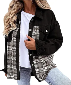 Women's Oversized Denim Jacket Fall Fashion Button Down Lapel Plaid Shacket Casual Long Sleeve Boyfriend Jean Jacket