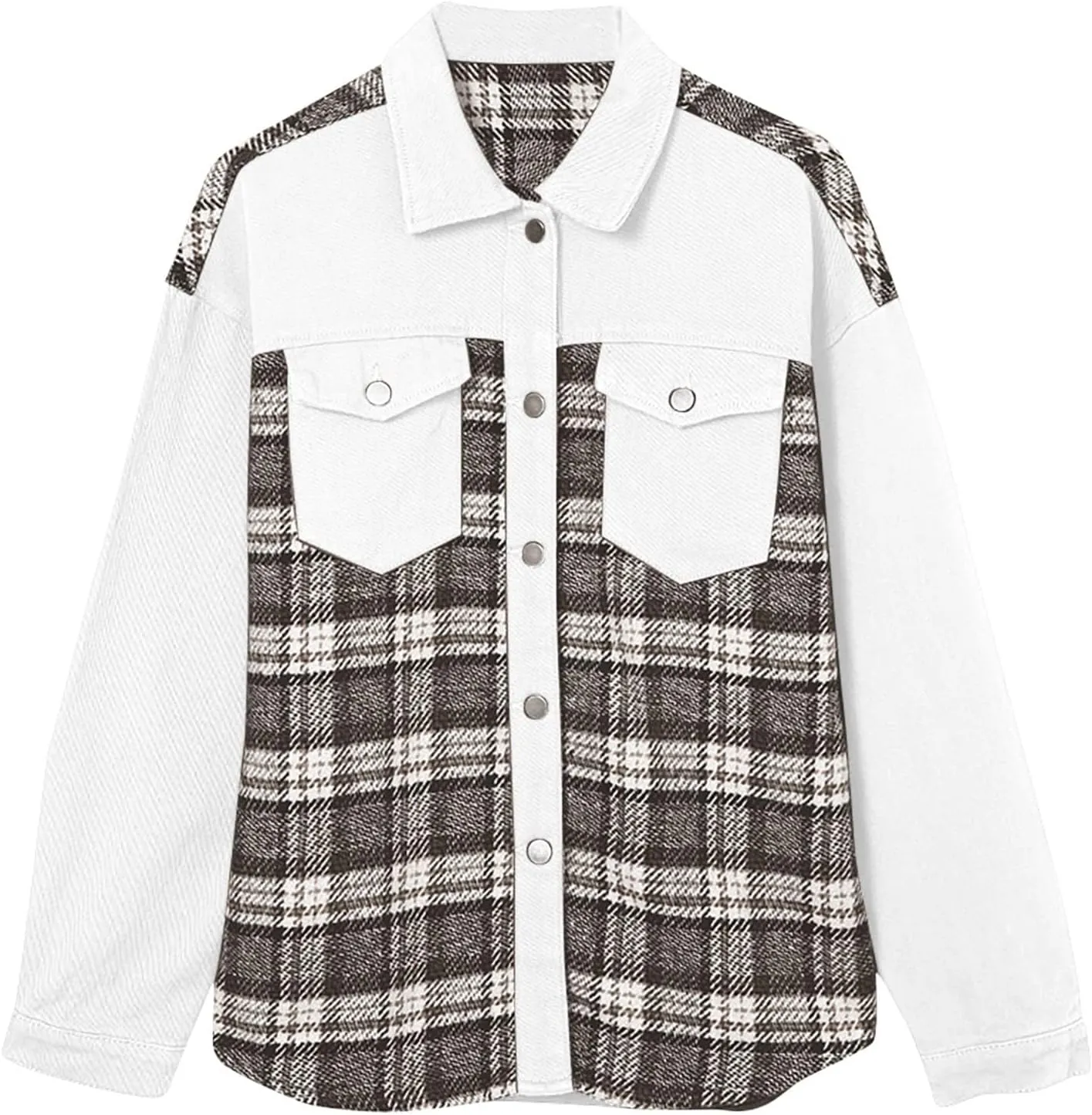 Women's Oversized Denim Jacket Fall Fashion Button Down Lapel Plaid Shacket Casual Long Sleeve Boyfriend Jean Jacket