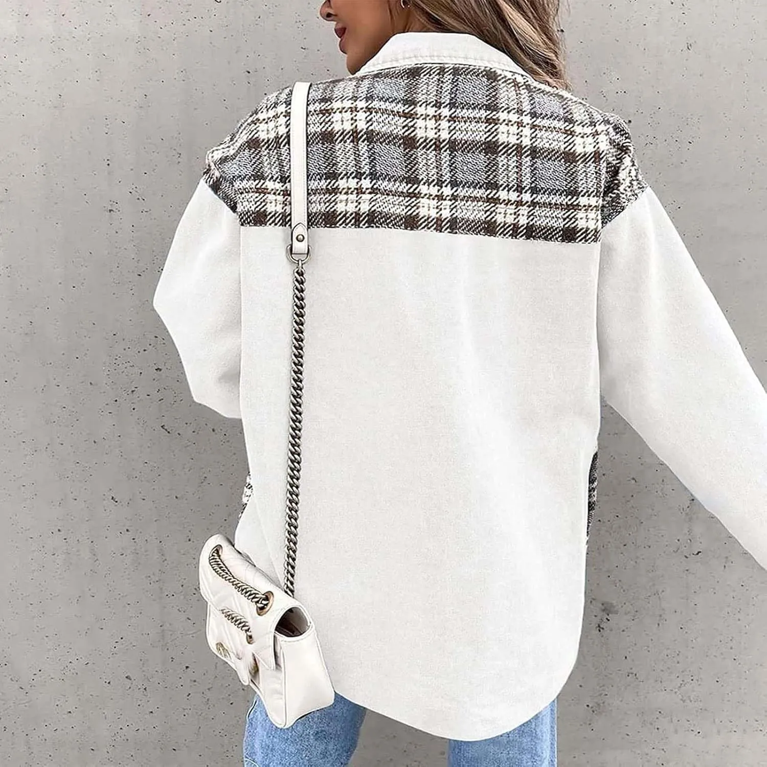 Women's Oversized Denim Jacket Fall Fashion Button Down Lapel Plaid Shacket Casual Long Sleeve Boyfriend Jean Jacket