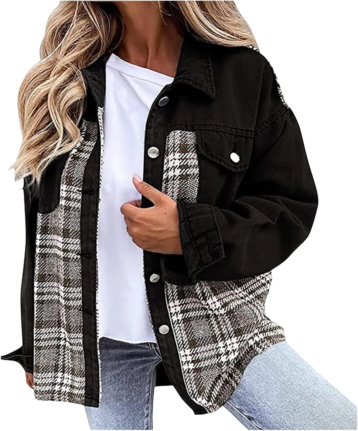 Women's Oversized Denim Jacket Fall Fashion Button Down Lapel Plaid Shacket Casual Long Sleeve Boyfriend Jean Jacket