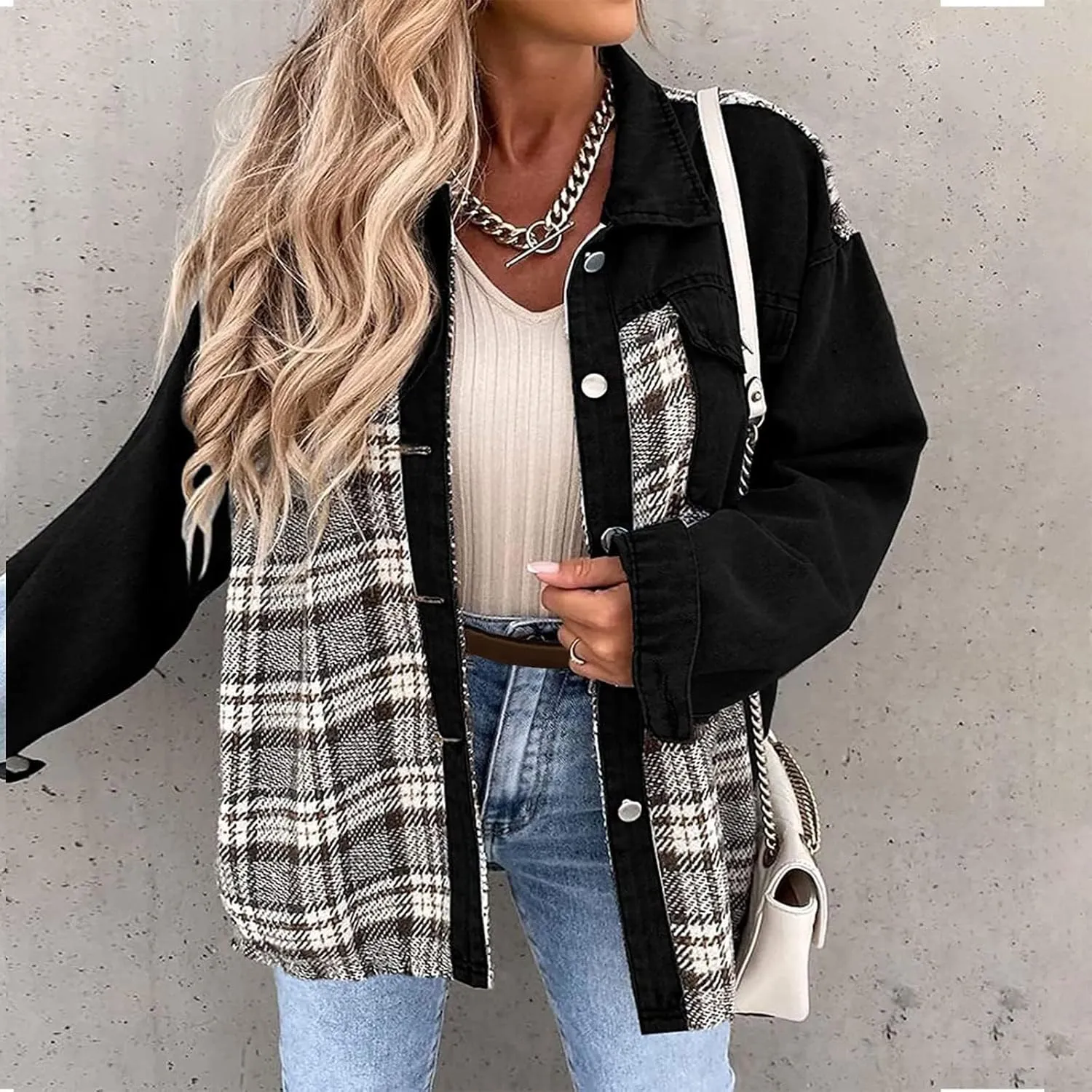 Women's Oversized Denim Jacket Fall Fashion Button Down Lapel Plaid Shacket Casual Long Sleeve Boyfriend Jean Jacket