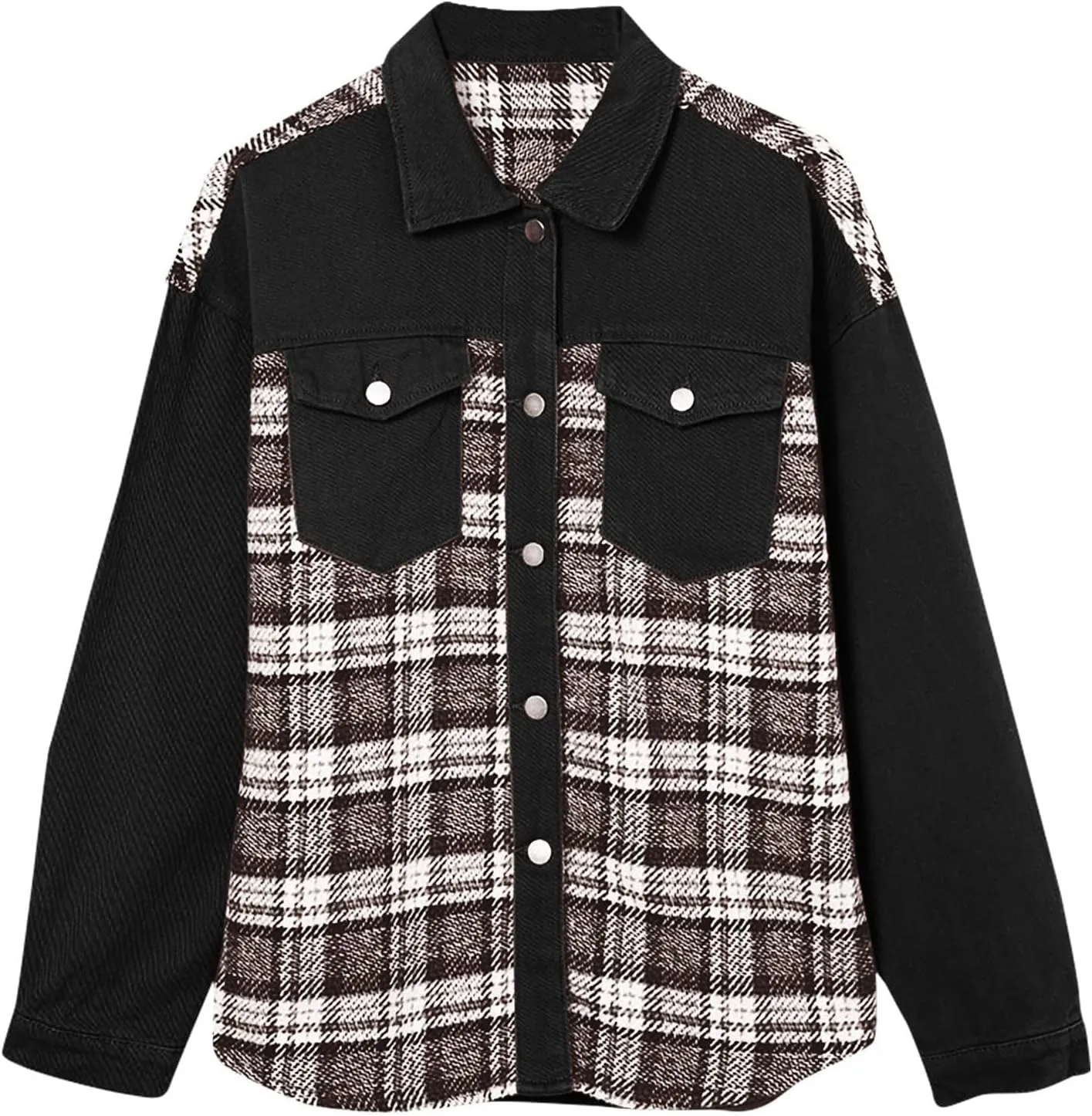 Women's Oversized Denim Jacket Fall Fashion Button Down Lapel Plaid Shacket Casual Long Sleeve Boyfriend Jean Jacket
