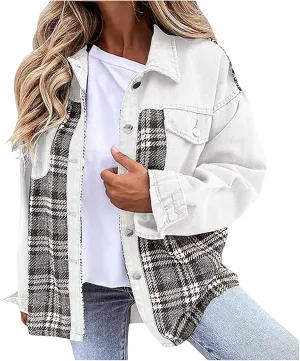 Women's Oversized Denim Jacket Fall Fashion Button Down Lapel Plaid Shacket Casual Long Sleeve Boyfriend Jean Jacket