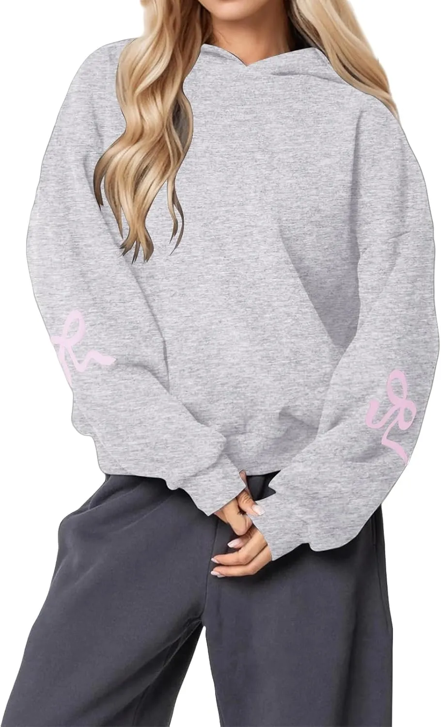 Women's Oversized Hoodies Bow Trim Print Fleeced Hooded Sweatshirts Oversized Long Sleeve Drop Shoulder Pullover Top