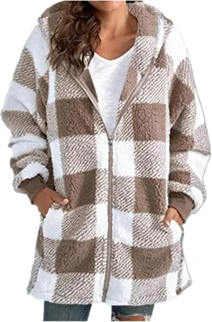 Women's Oversized Plaid Fleece Lined Hoodies Jacket Zip up Flannel Fuzzy Coats Casual Loose Outwear with Pockets