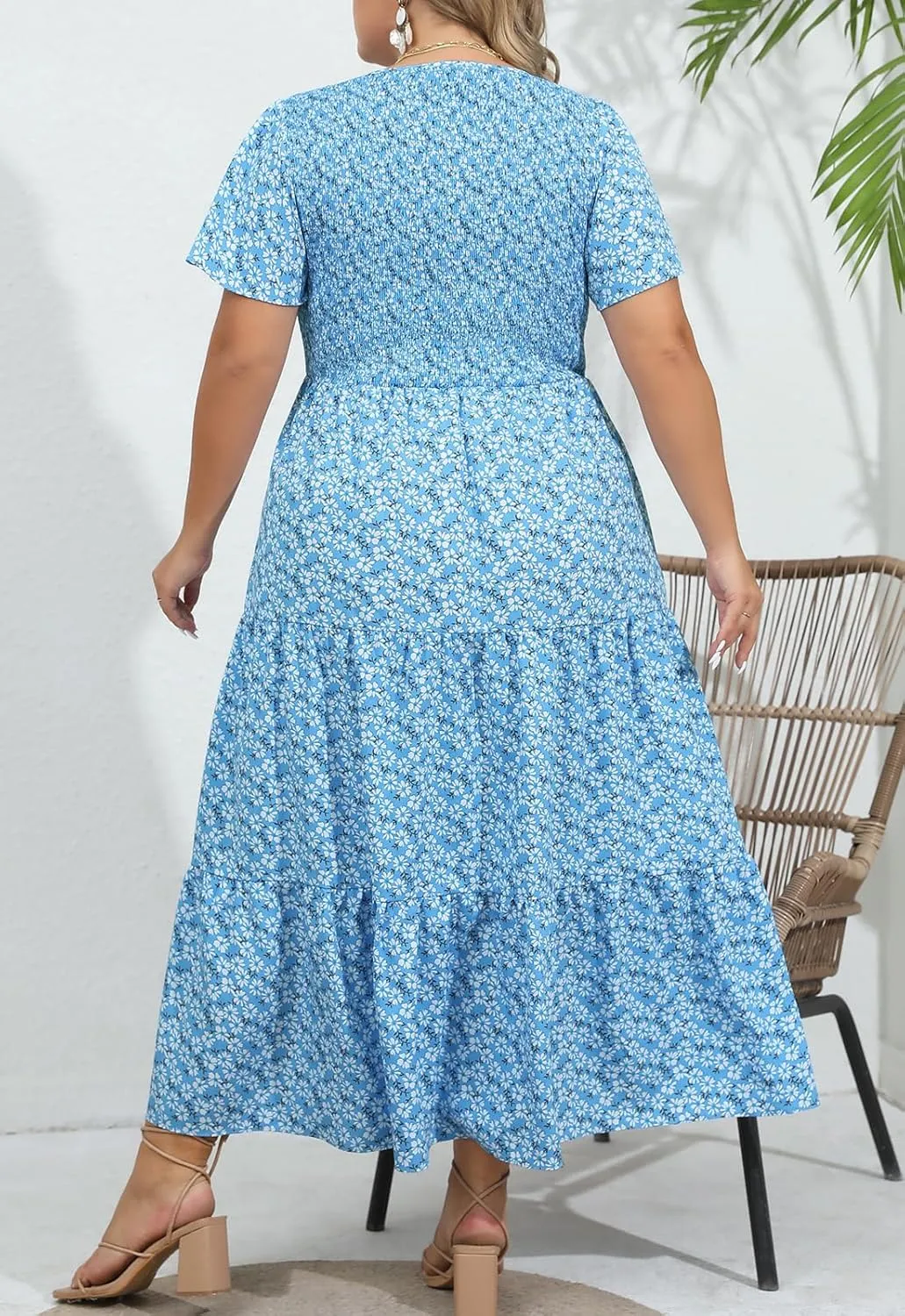 Womens Plus Size Long Maxi Dress with Pockets Floral Smocking Flutter Sleeves Tiered Layers Casual Dresses
