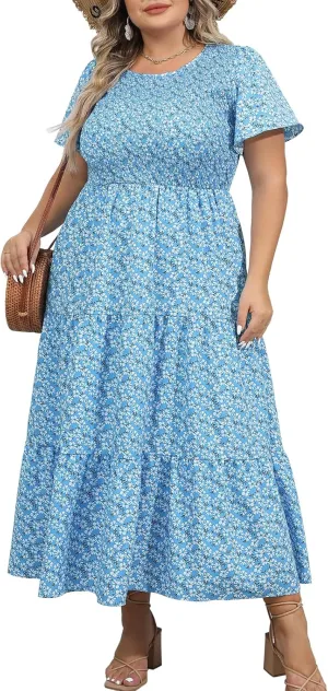 Womens Plus Size Long Maxi Dress with Pockets Floral Smocking Flutter Sleeves Tiered Layers Casual Dresses