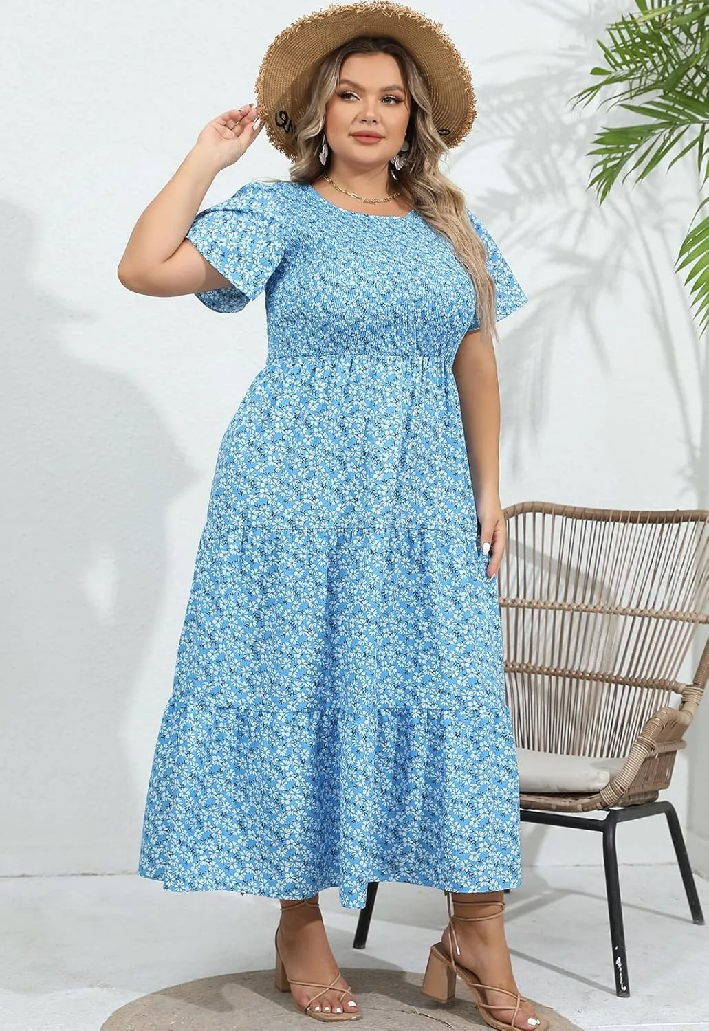 Womens Plus Size Long Maxi Dress with Pockets Floral Smocking Flutter Sleeves Tiered Layers Casual Dresses