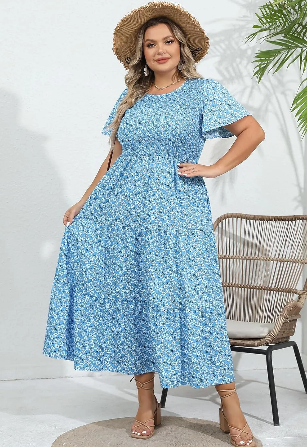 Womens Plus Size Long Maxi Dress with Pockets Floral Smocking Flutter Sleeves Tiered Layers Casual Dresses