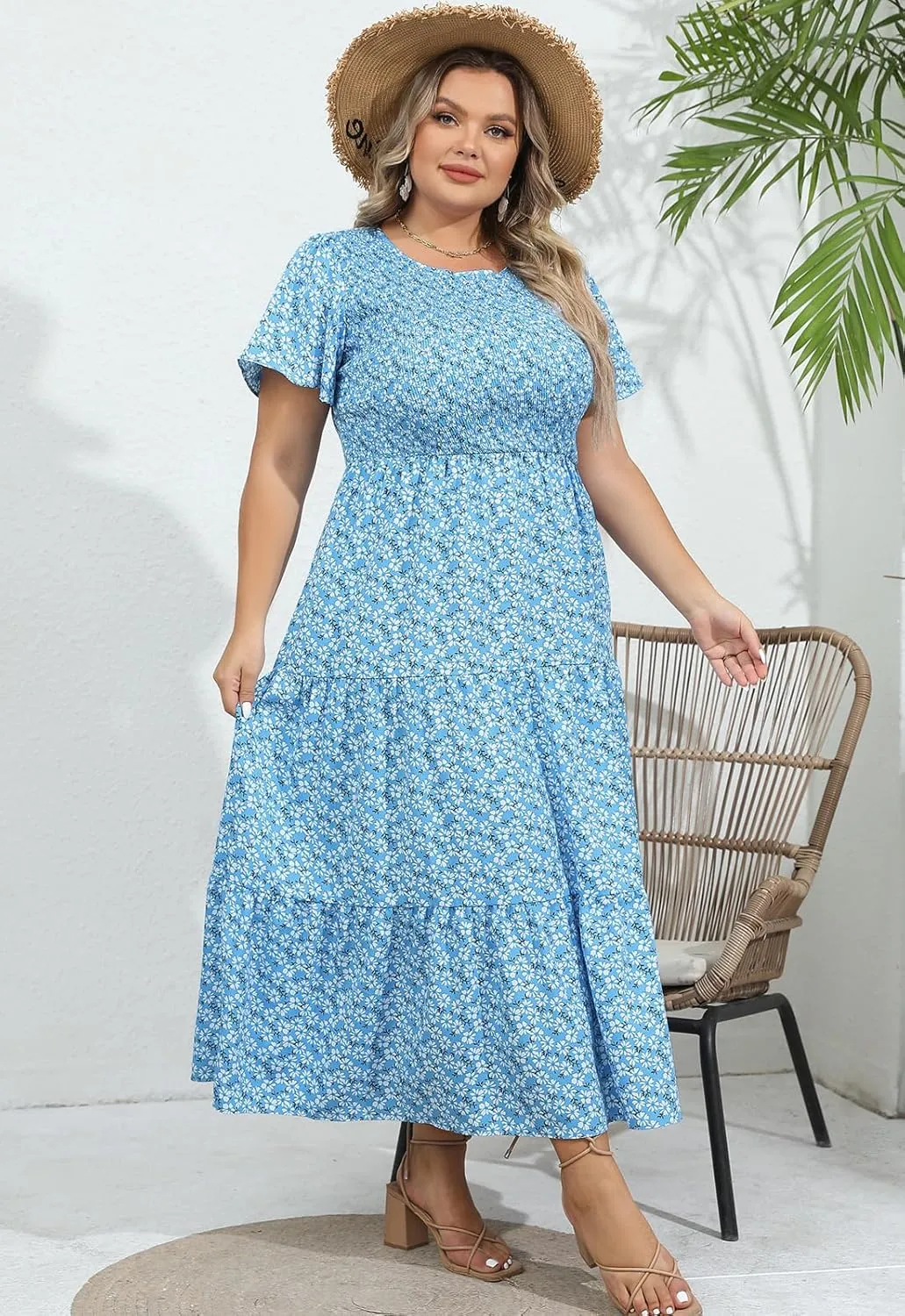 Womens Plus Size Long Maxi Dress with Pockets Floral Smocking Flutter Sleeves Tiered Layers Casual Dresses