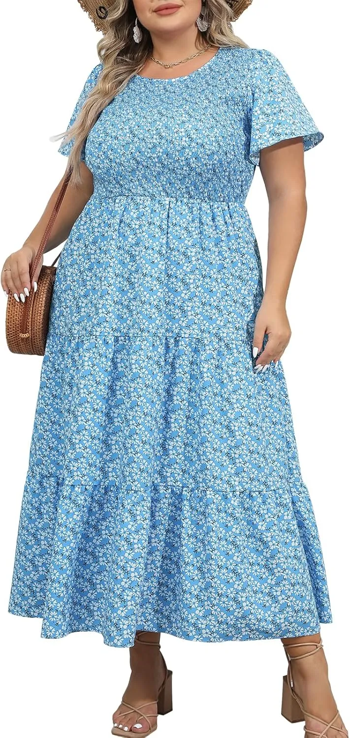 Womens Plus Size Long Maxi Dress with Pockets Floral Smocking Flutter Sleeves Tiered Layers Casual Dresses