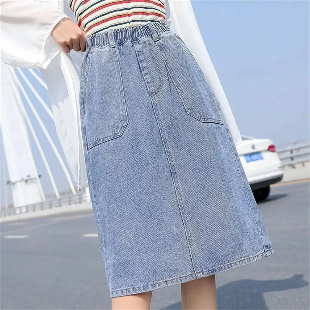 Women's Plus Size Midi Denim Skirt High Elastic Waisted Rear Split Big Pockets Straight Skirt