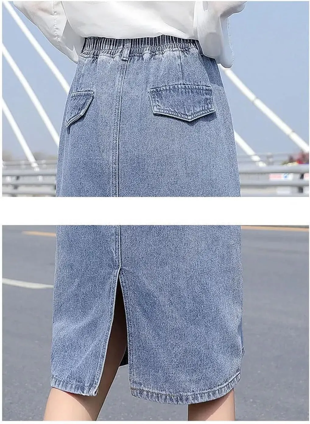 Women's Plus Size Midi Denim Skirt High Elastic Waisted Rear Split Big Pockets Straight Skirt