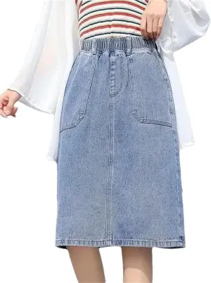 Women's Plus Size Midi Denim Skirt High Elastic Waisted Rear Split Big Pockets Straight Skirt