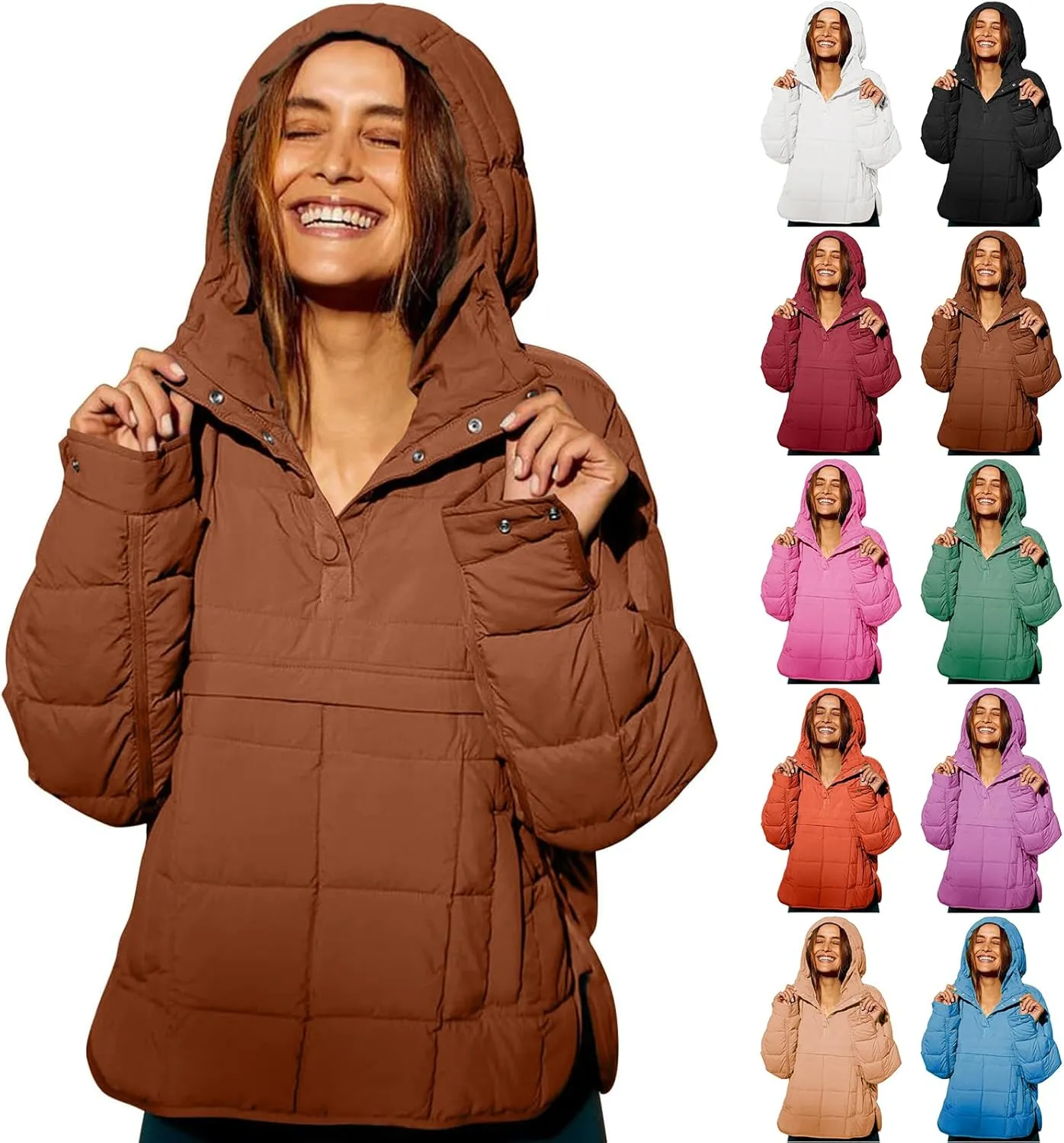 Womens Pullover Puffer Jacket Long Sleeve Oversized Quilted Hoodies Solid Color Hooded Sweatshirt Tops Fall Cozy Coats