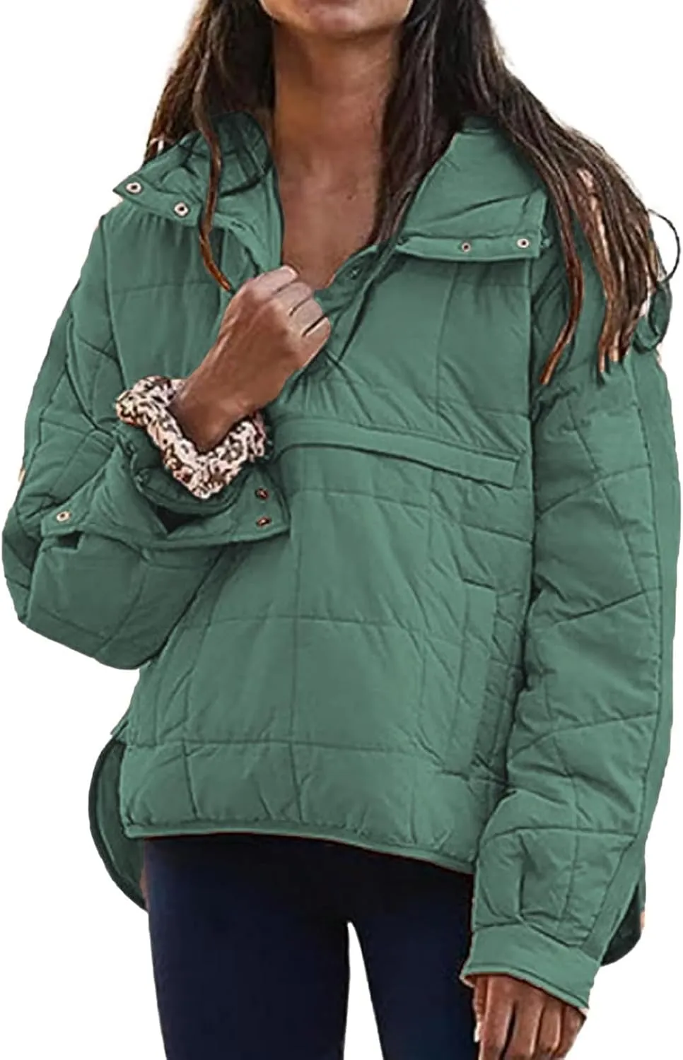 Womens Pullover Puffer Jacket Long Sleeve Oversized Quilted Hoodies Solid Color Hooded Sweatshirt Tops Fall Cozy Coats