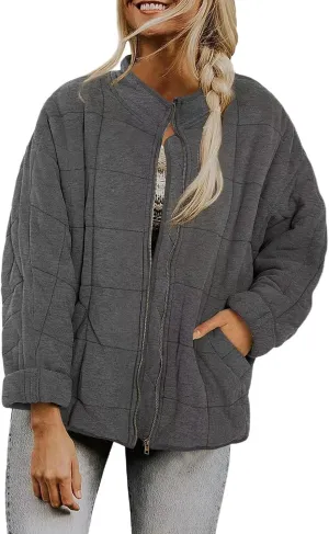 Women's Quilted Lightweight Jackets Diamond Puffer Padded Coat Winter 2023 Stand Collar Warm Trendy Coats Long Sleeve