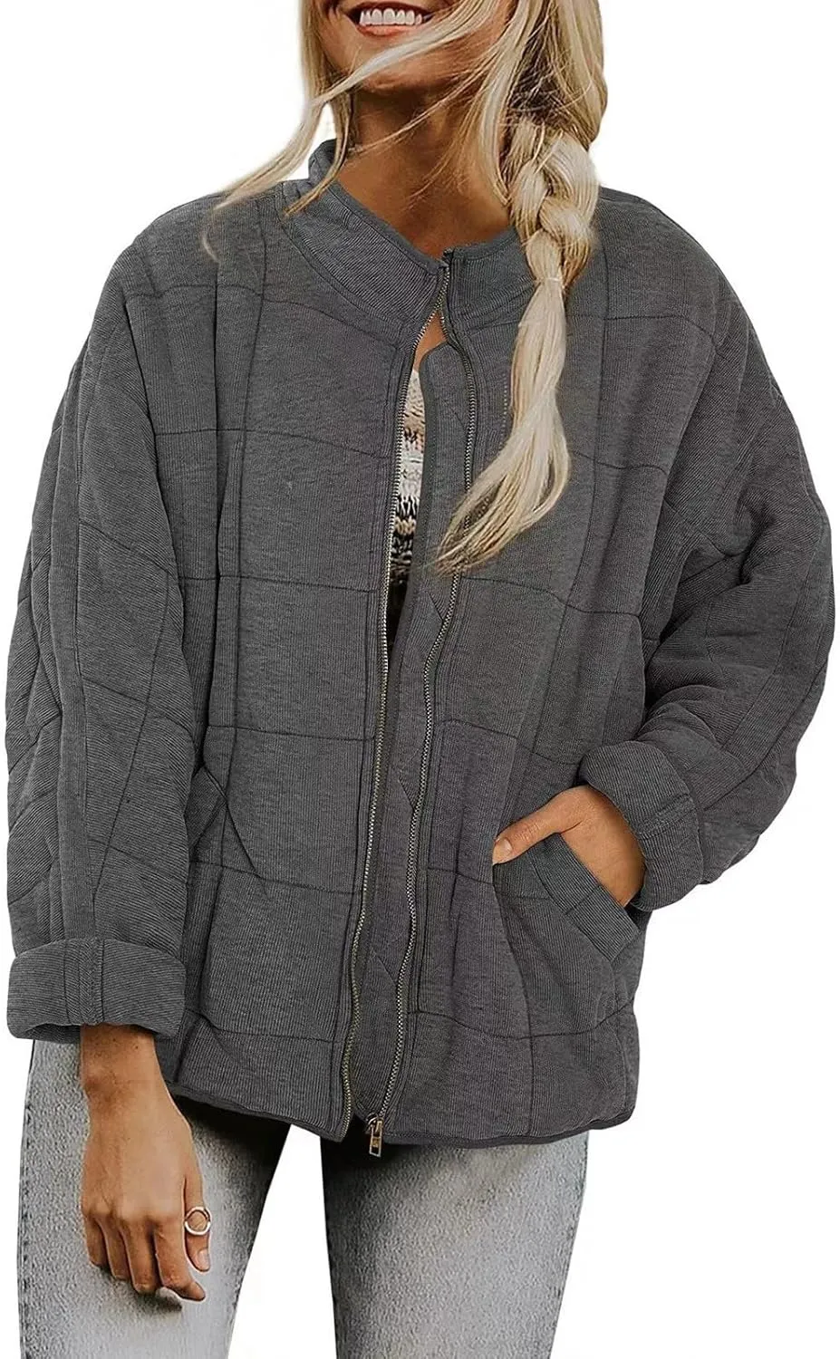 Women's Quilted Lightweight Jackets Diamond Puffer Padded Coat Winter 2023 Stand Collar Warm Trendy Coats Long Sleeve