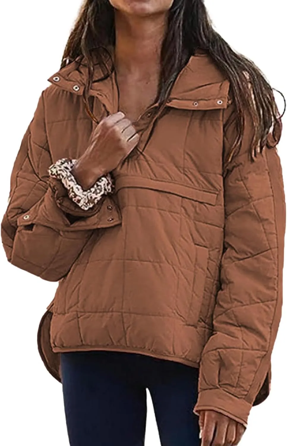 Women's Quilted Pullover Puffer Jacket Hooded Oversize Coat Tops Winter Warm Padded Hoodies Outwear with Pockets