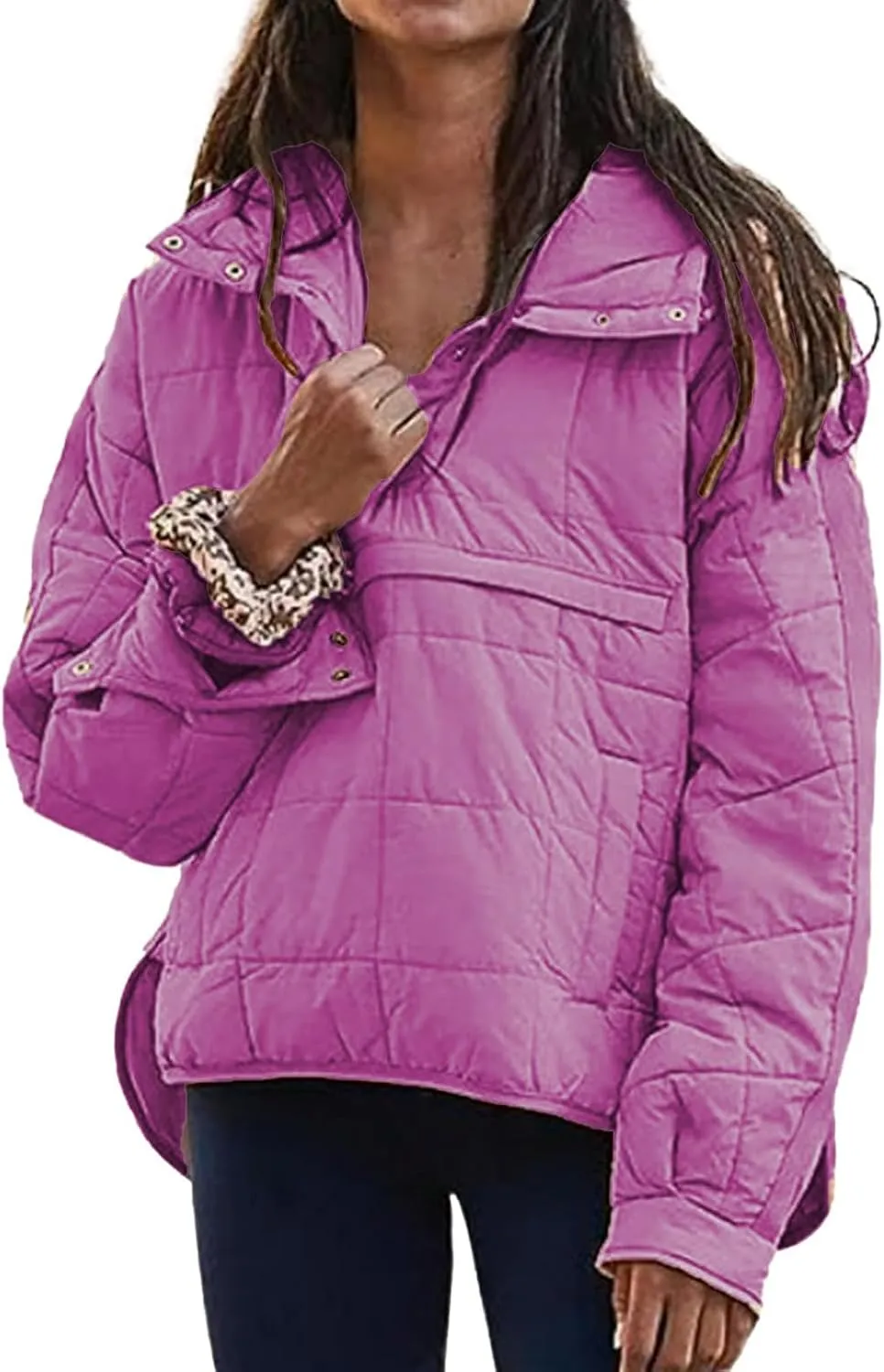 Women's Quilted Pullover Puffer Jacket Hooded Oversize Coat Tops Winter Warm Padded Hoodies Outwear with Pockets