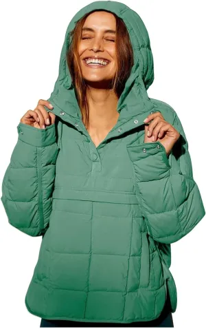 Women's Quilted Pullover Puffer Jacket Hooded Oversize Coat Tops Winter Warm Padded Hoodies Outwear with Pockets