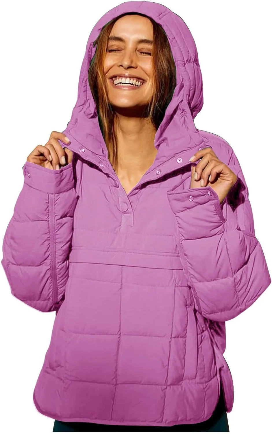 Women's Quilted Pullover Puffer Jacket Hooded Oversize Coat Tops Winter Warm Padded Hoodies Outwear with Pockets